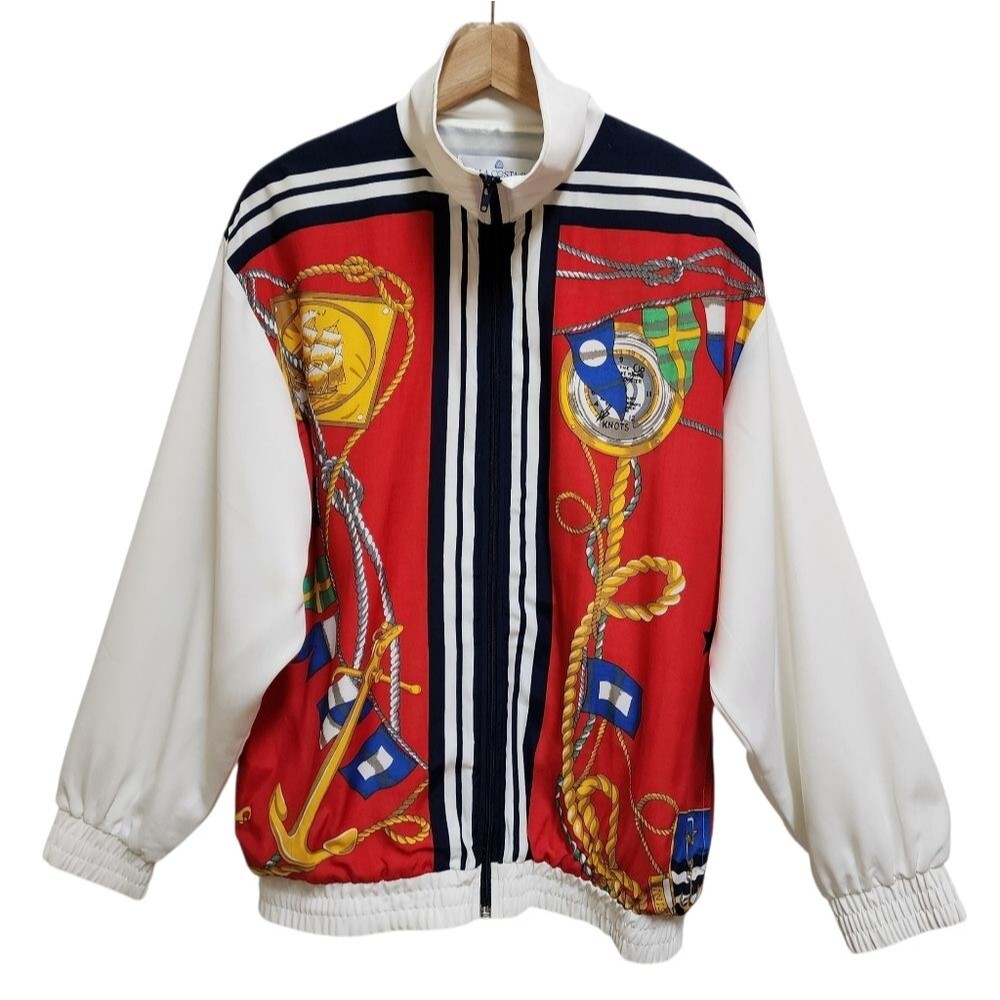 The La Costa Spa Jacket Womens Sz L White Red Multi Zip Nautical Windbreaker Vtg